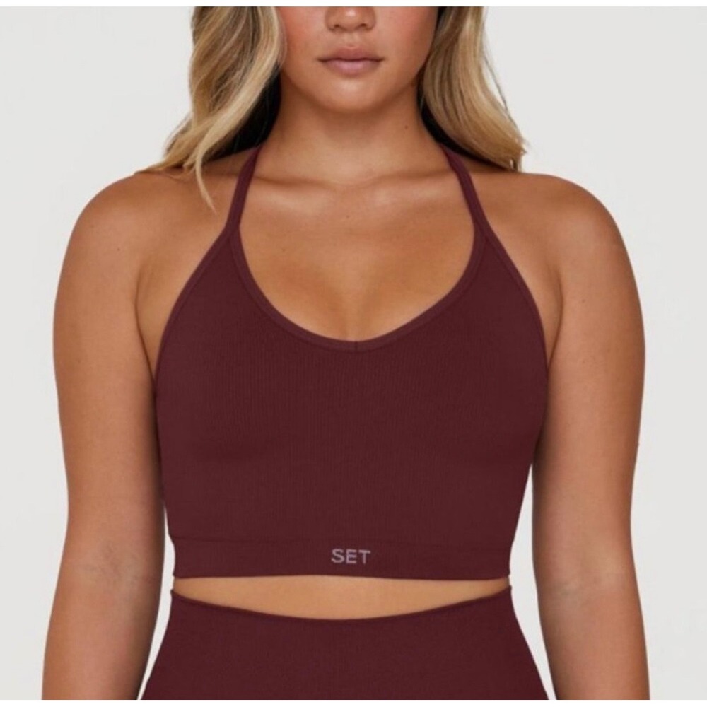 SET ACTIVE Sculptflex Ribbed V Bra M Hug Burgundy Yoga Pilates Athleisure